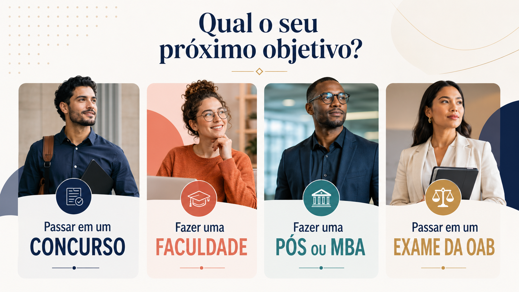 Quatro estudantes representando diferentes objetivos acadêmicos e profissionais